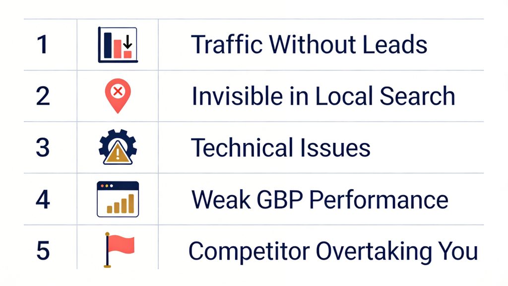 checklist of 5 signs it's time to hire an SEO consultant including low conversions and local invisibility