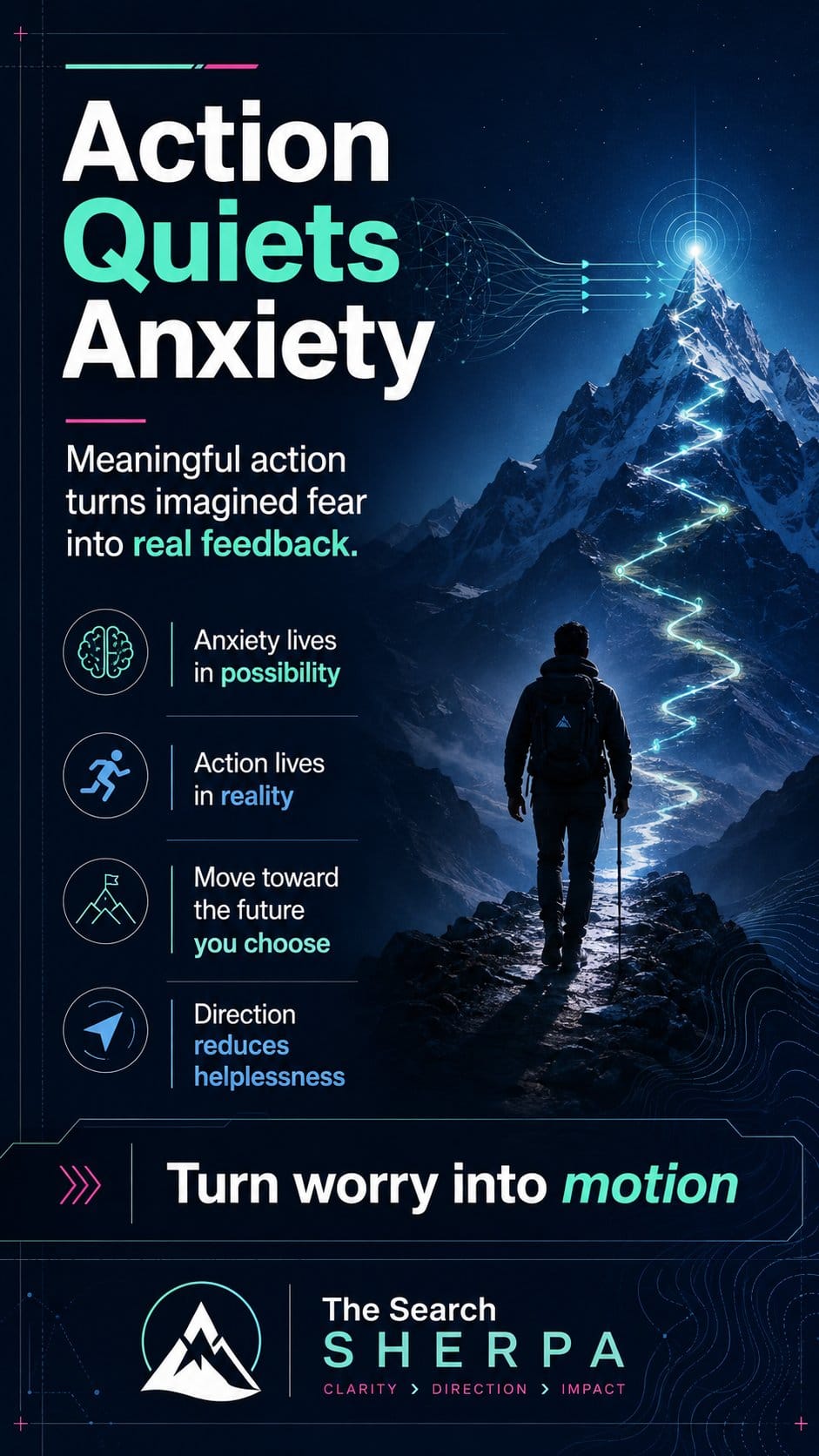 Text graphic reading Action Quiets Anxiety, on the performance anxiety paradox, by Jeremy Bengtson of The Search Sherpa