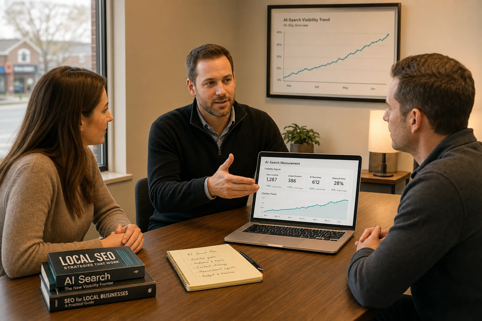 Jeremy Bengtson of The Search Sherpa reviewing AI search visibility and cost planning on a laptop during a client consultation
