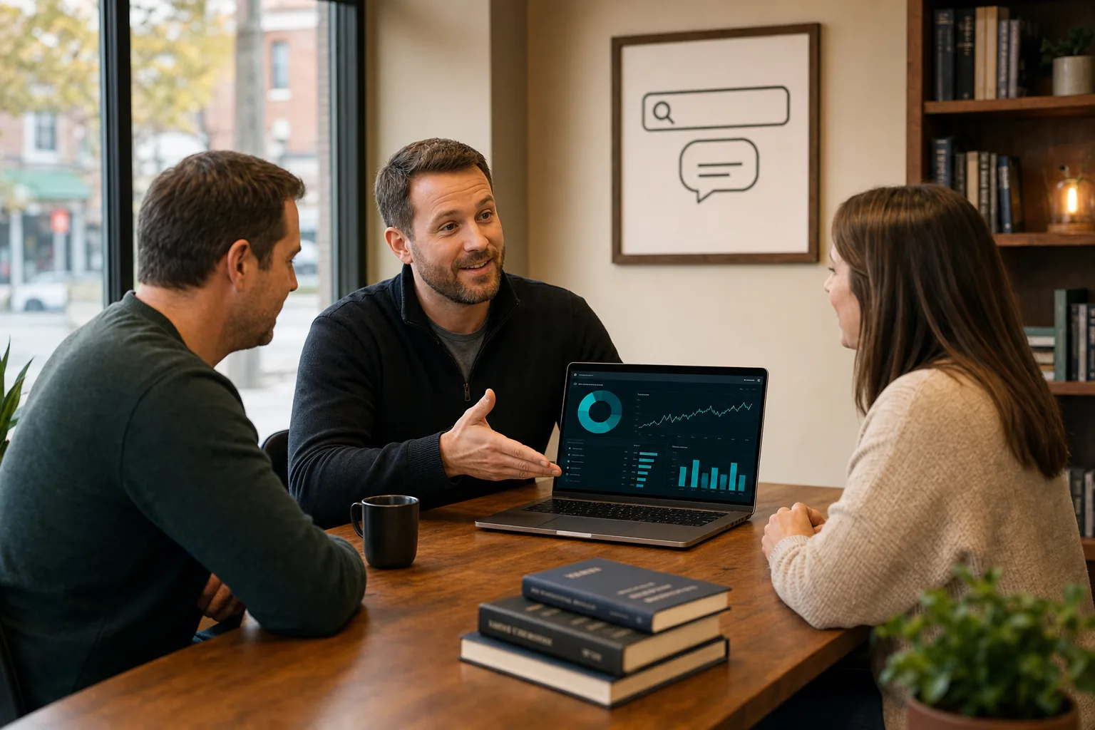 A local business owner reviewing their AI search visibility on a laptop with an SEO consultant in a Mokena, Illinois office