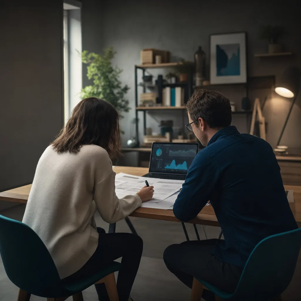 Answer Engine Optimization 2 A local practice owner and a marketing consultant review a printed plan together at a desk, working through it page by page