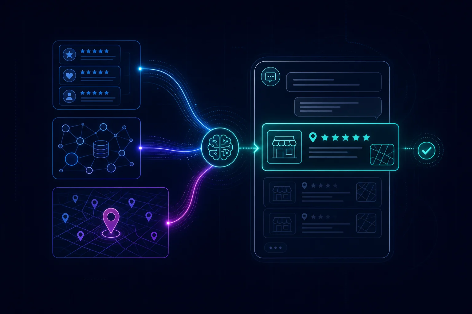 Illustration of an AI assistant weighing review text, memory, and location signals to recommend one local business in a generated answer