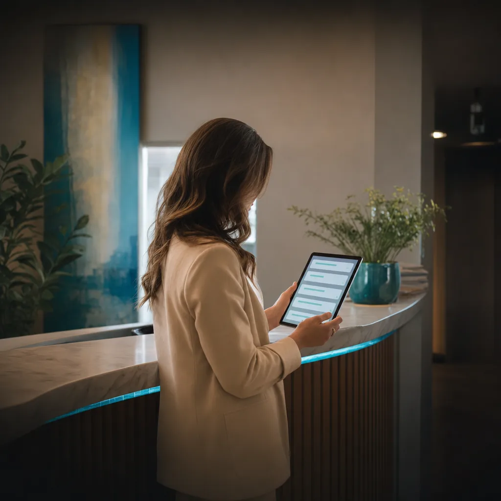 Answer Engine Optimization 1 A med spa owner reviews a tablet at the front desk of her business, comparing how her services are described online