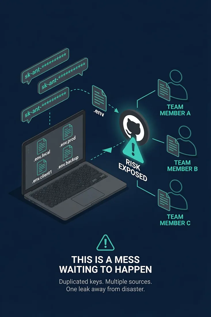 Illustration of the security risks of sharing API keys across a development team through Slack messages, scattered .env files, and committed repos.