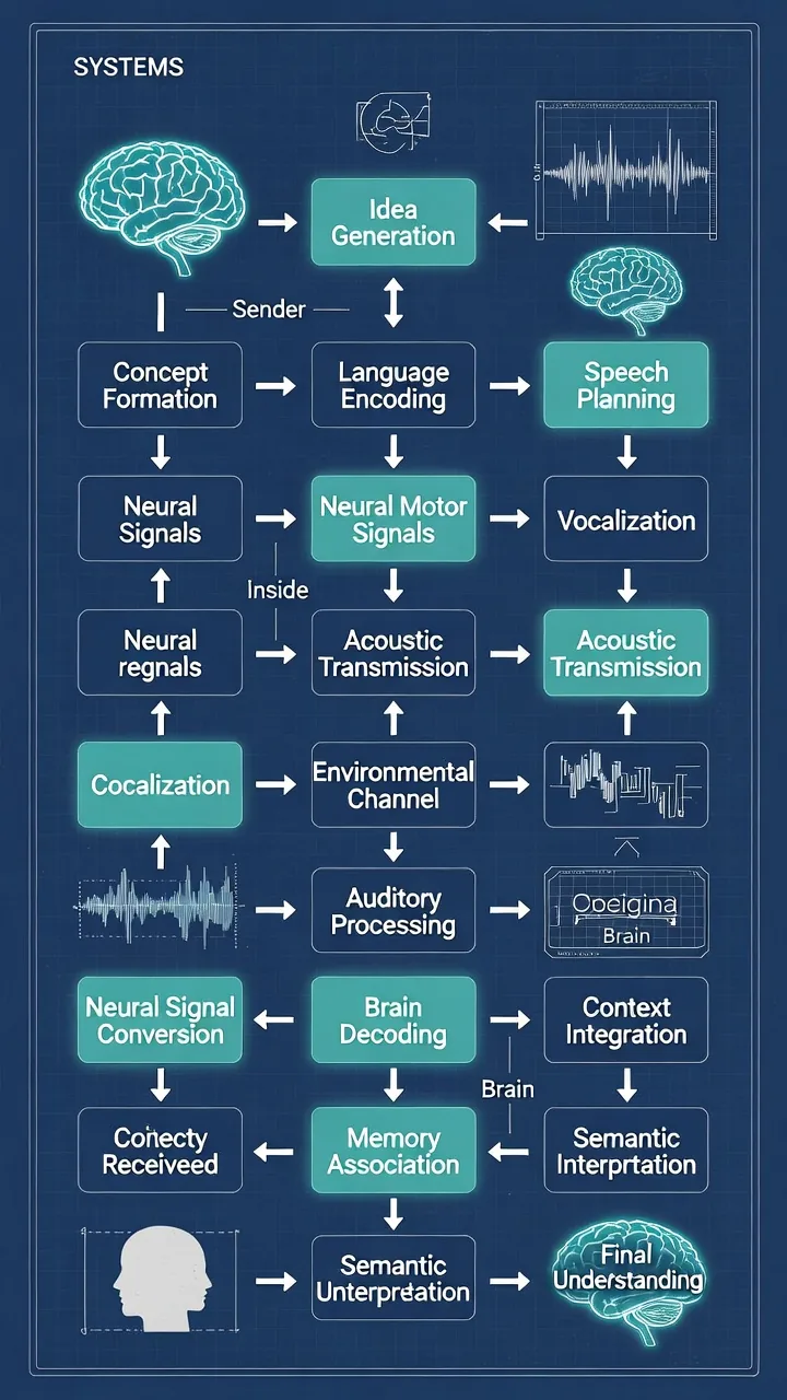 Diagram of the receiving brain decoding language and integrating context and memory into meaning