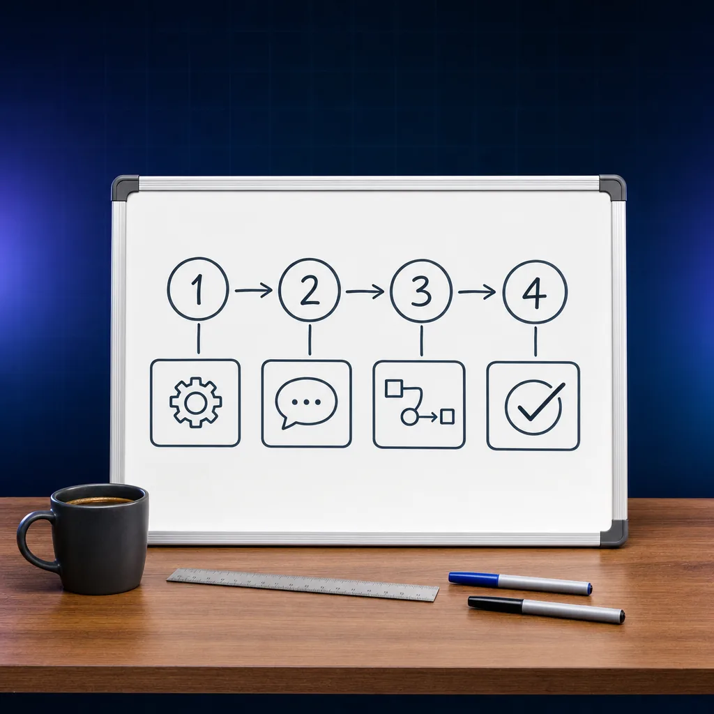 Whiteboard with abstract numbered-step diagrams 1 through 4 connected by arrows, alongside a ruler, two pens, and a coffee mug on a tidy desk