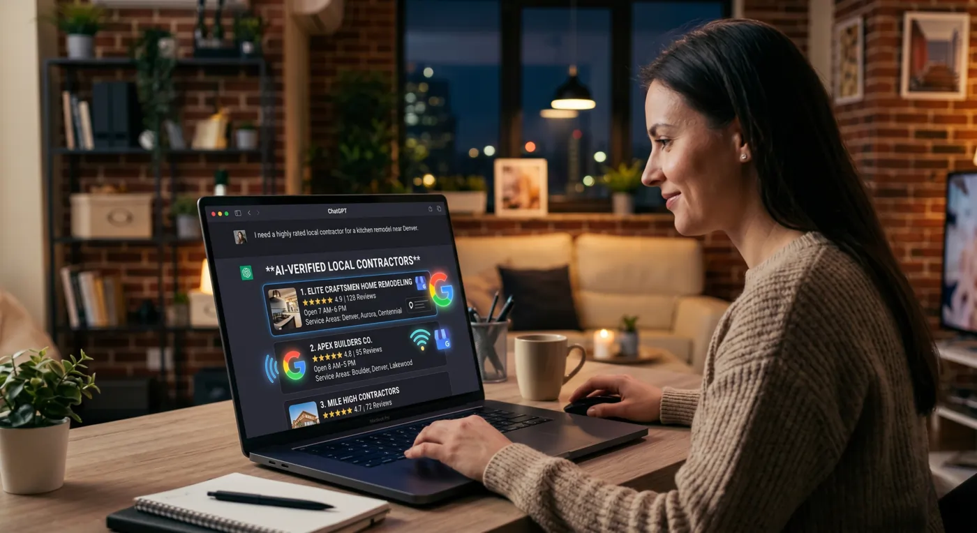 Homeowner using ChatGPT to find AI-recommended local contractors powered by Google Business Profile data