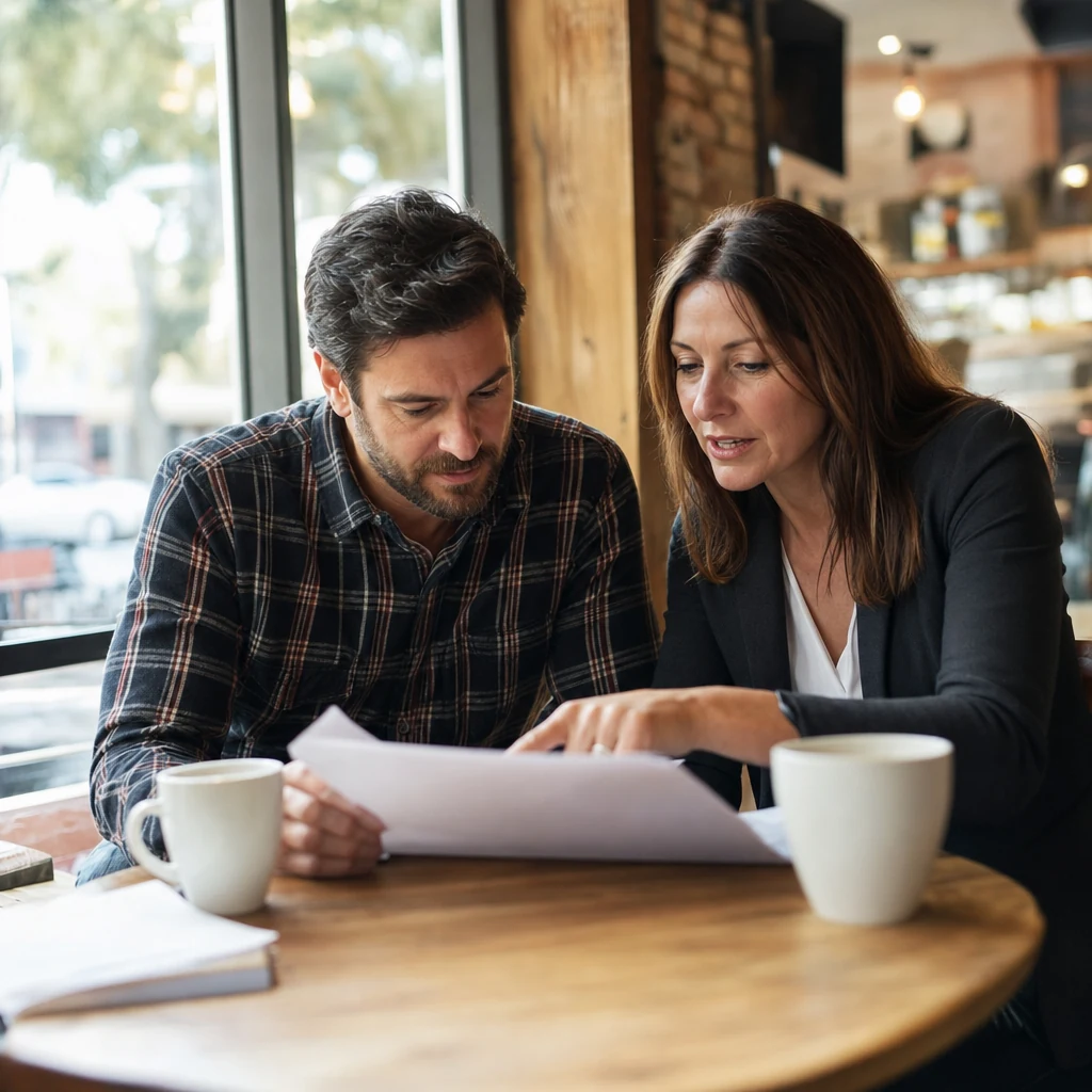 A business owner in a plaid flannel shirt and a consultant in a dark blazer sit side by side at a round cafe table, reading a printed proposal together beside two white coffee cups