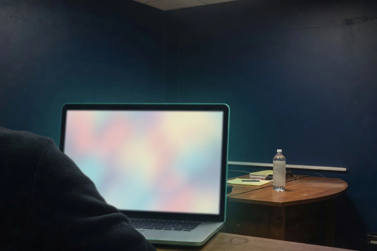 Over-the-shoulder view of a person in a dark sweater in a navy night office, with teal light on a softly blurred laptop screen