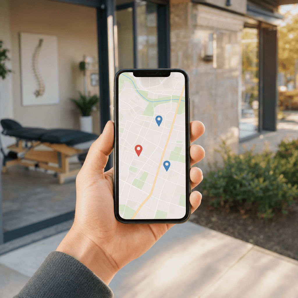 Chiropractor SEO Services 2 A phone showing nearby map results for a local chiropractic practice
