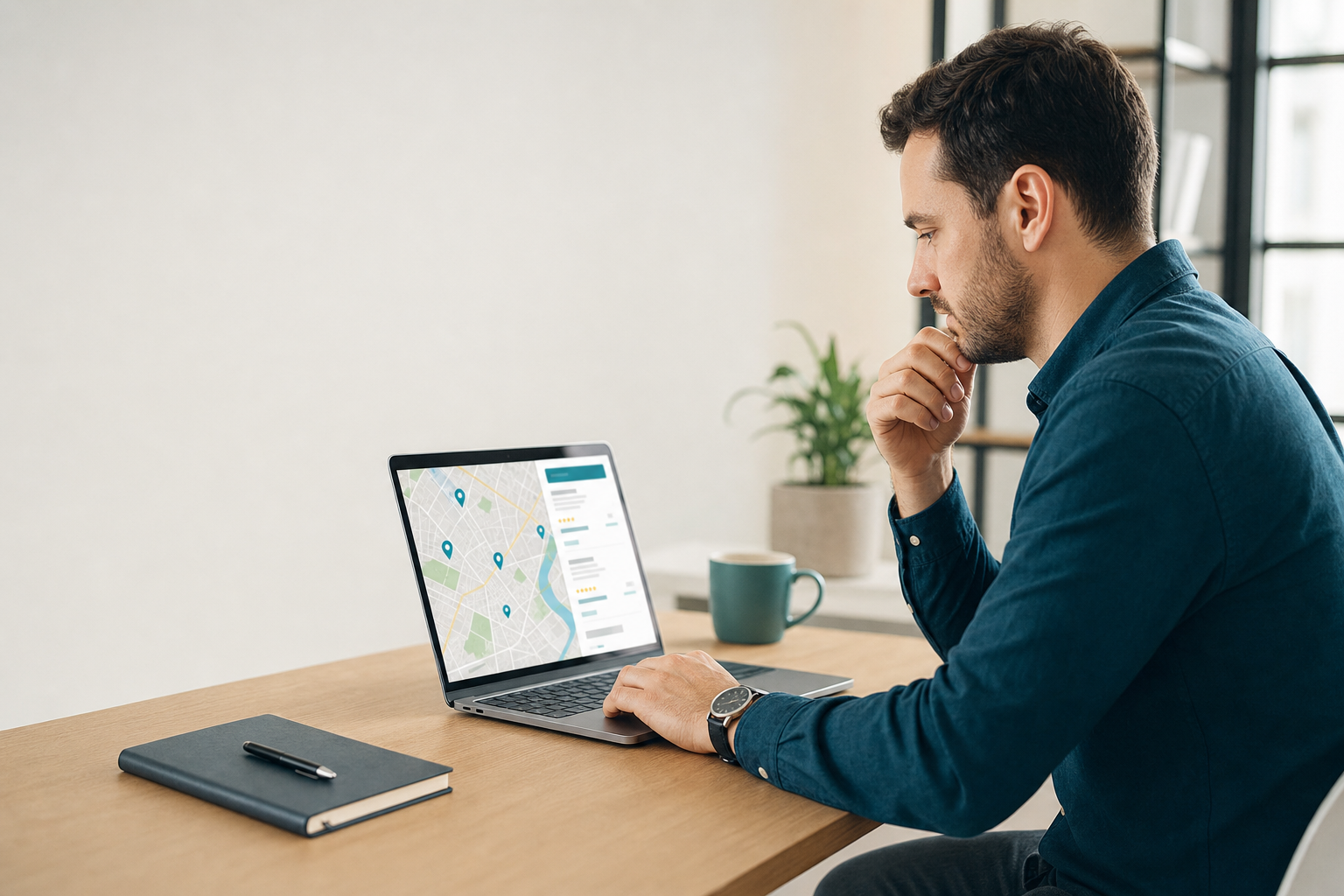 Marketing strategist reviewing a chiropractic clinic's local search visibility and Google Business Profile on a laptop