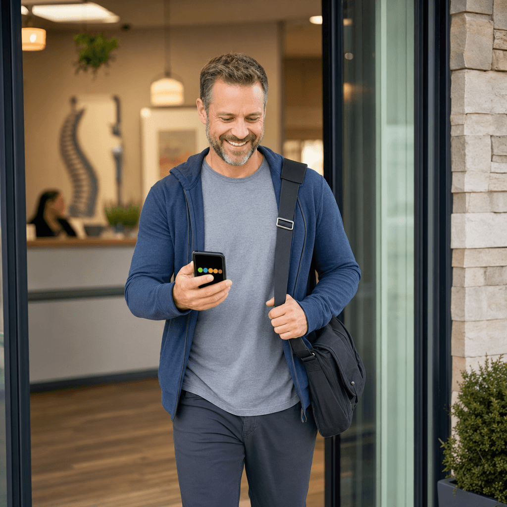 Chiropractor SEO Services 3 A satisfied chiropractic patient leaving a positive review on their phone