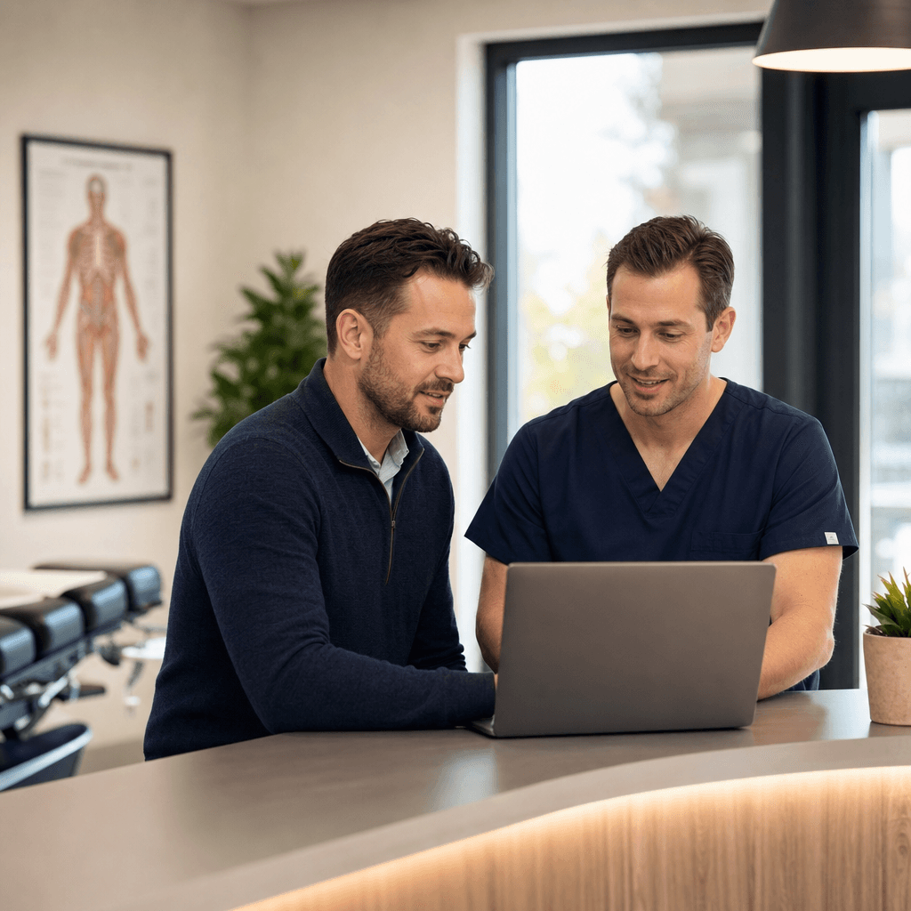 Chiropractor SEO Services 1 The Search Sherpa founder reviewing local search visibility with a chiropractor in a clinic