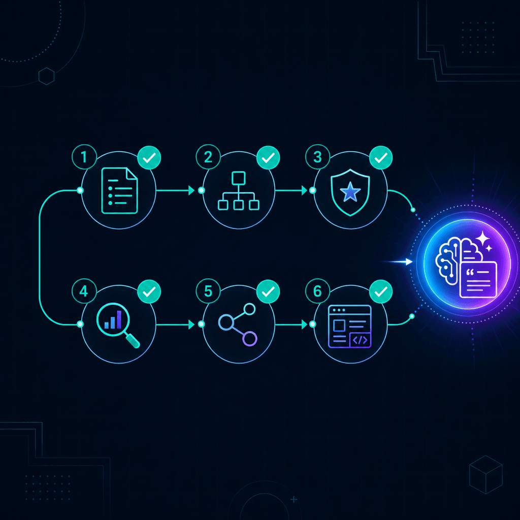 Mental Health Marketing in the Age of AI Search 2 Diagram of the six steps that make a mental health practice citable by AI search engines