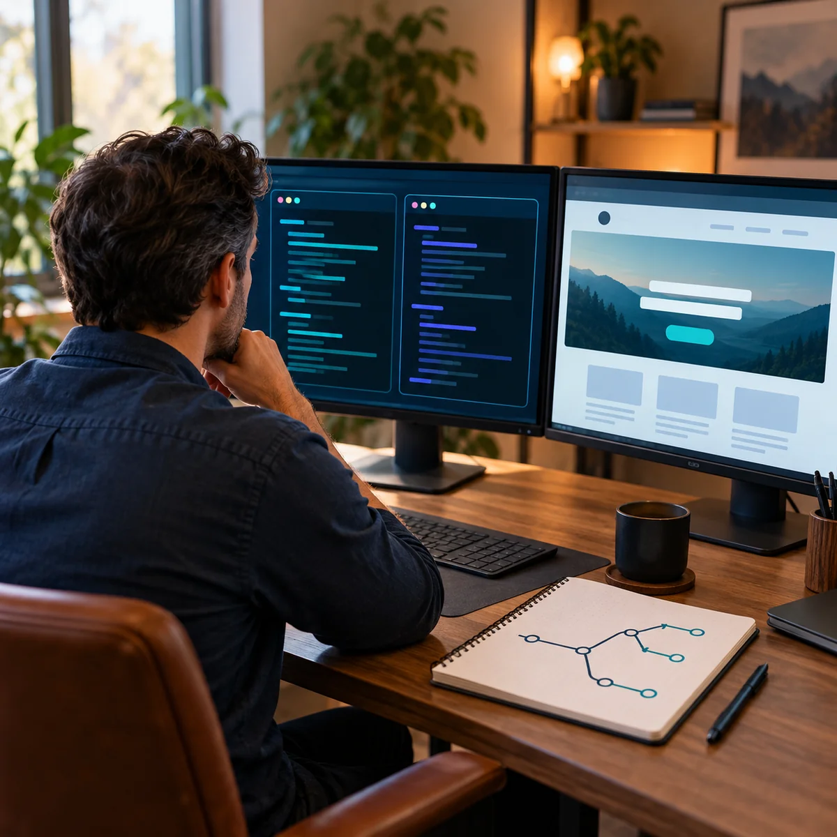 Person viewed from behind reviewing terminal panels and a website preview on two monitors, with a branching diagram in a notebook