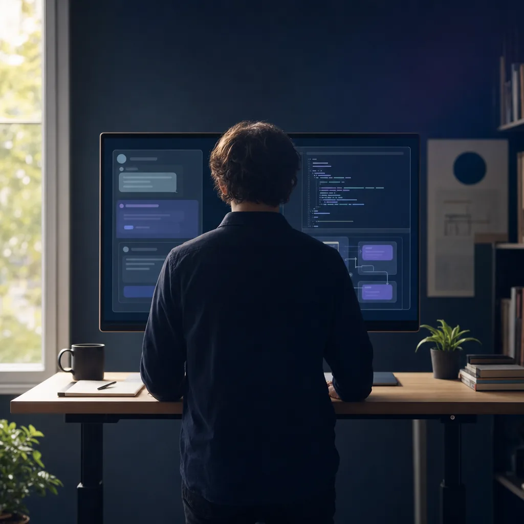 Over-the-shoulder view of a focused learner studying abstract AI documentation at a tidy modern desk in soft natural light