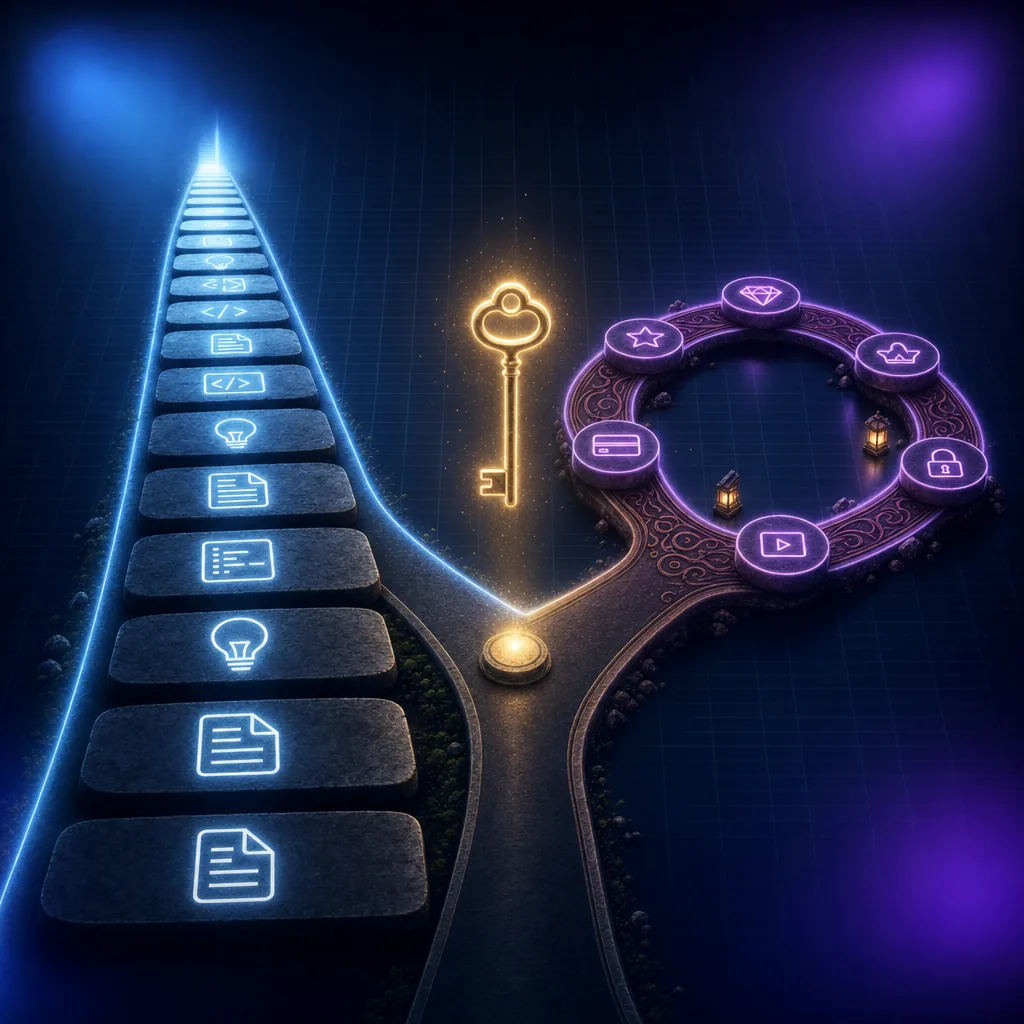 Two diverging glowing paths on a dark surface — one straight with stepping stones, the other looping in a closed circle — meeting at a soft glowing key