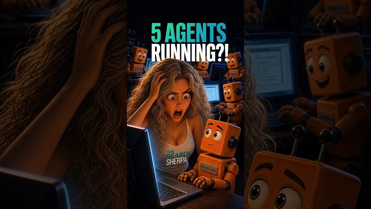 Animated woman and orange robots at a laptop beneath the words 5 AGENTS RUNNING?!