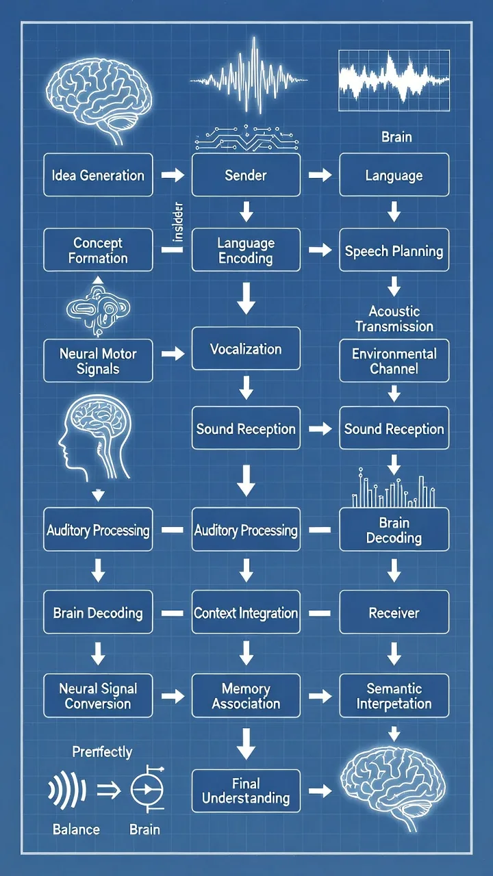 Blueprint-style systems diagram showing human communication as an information-processing pipeline