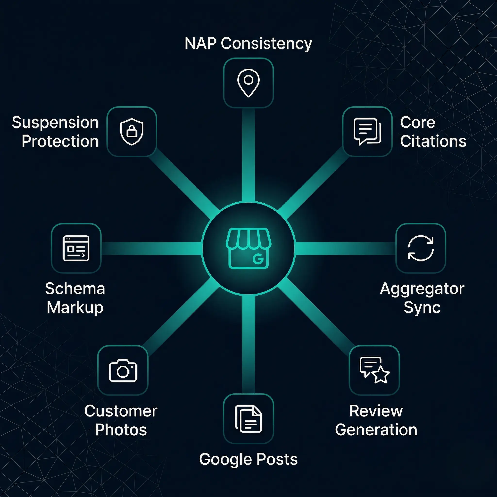 Google Business Profile Optimization & Management 2 Hub-and-spoke diagram showing a Google Business Profile at the center connected to eight local SEO signal sources including citations, reviews, and schema