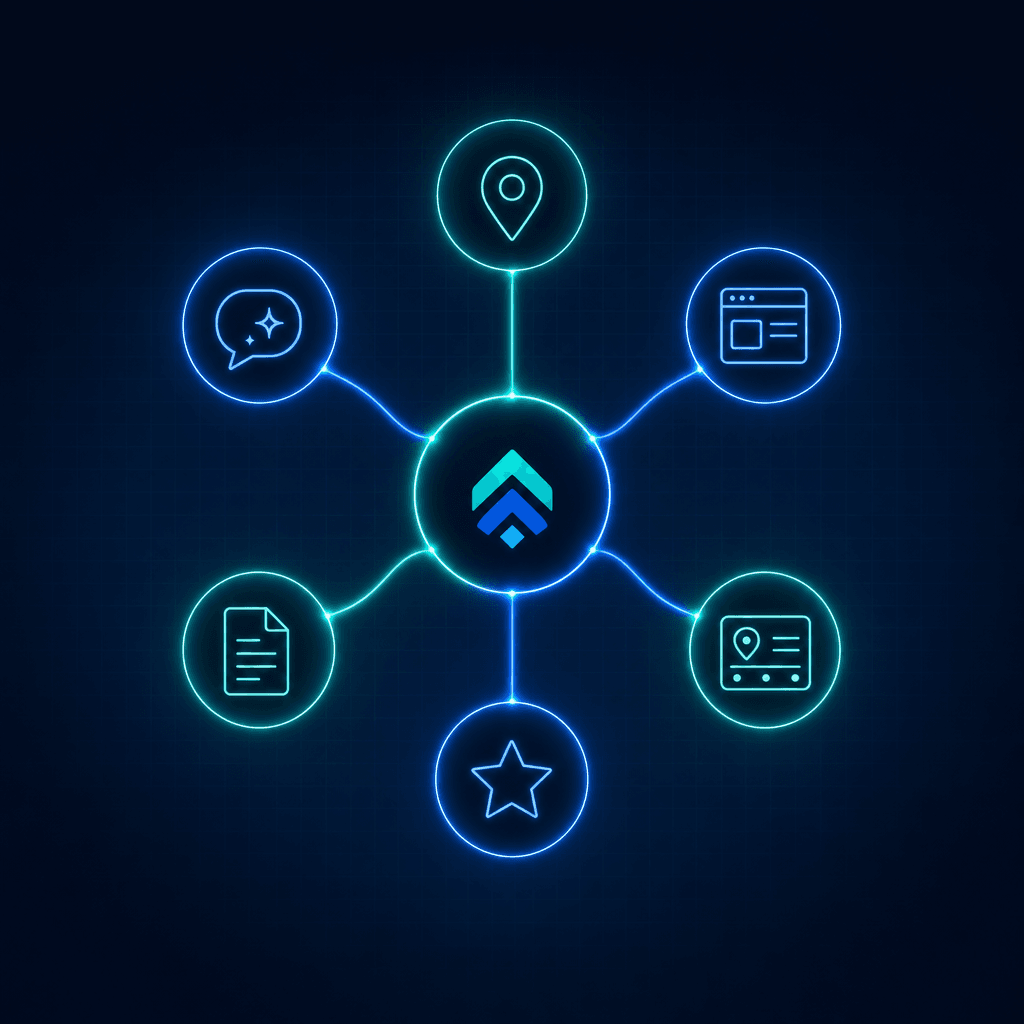 Mental Health Marketing Agency 1 Diagram of a connected visibility system linking local SEO, website, Google Business Profile, reviews, content, and AI search