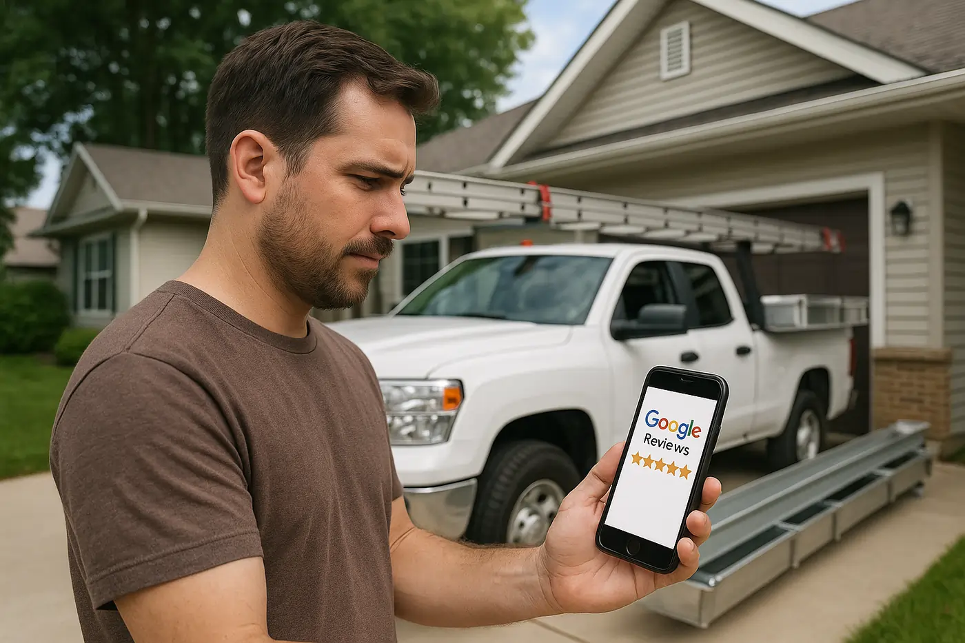 Local contractor reviewing five-star Google reviews that support long-term SEO growth and inbound calls