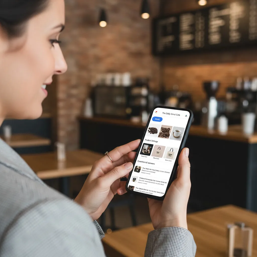 Answer Engine Optimization for Local Businesses: How AI Decides Who to Recommend 3 Customer holding a phone showing a local cafe Google Business Profile with photos, product listings, and questions and answers while standing inside the warm brick and wood cafe itself