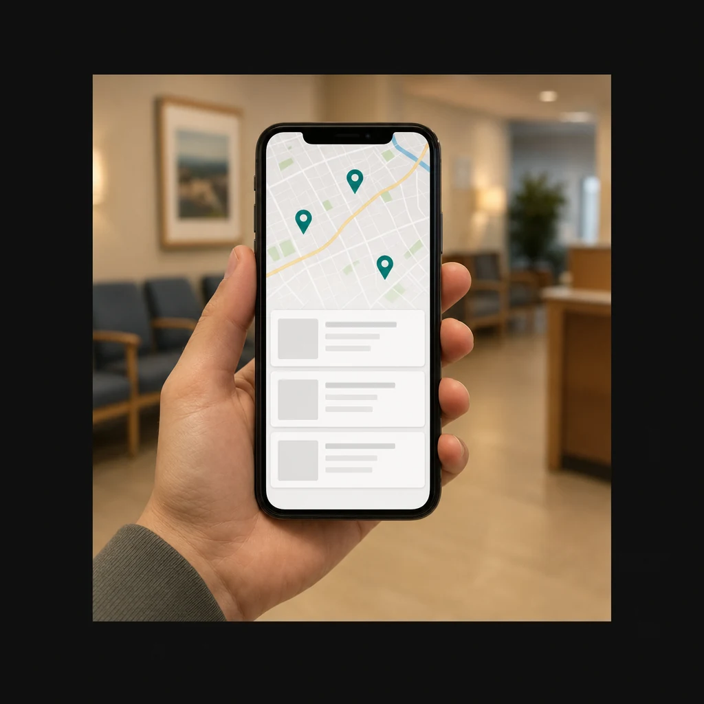 Smartphone showing local map results with three nearby dental practice listings