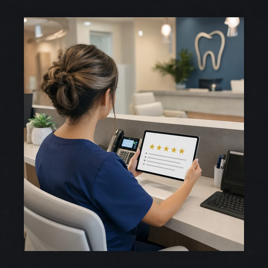 Dental office manager reviewing patient feedback on a tablet at the front desk