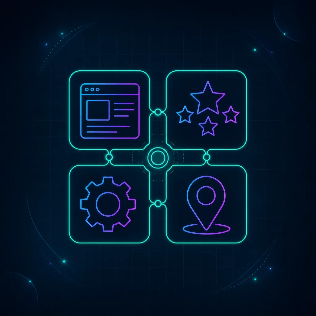 Concept diagram showing the four parts of dental SEO connected into one visibility system