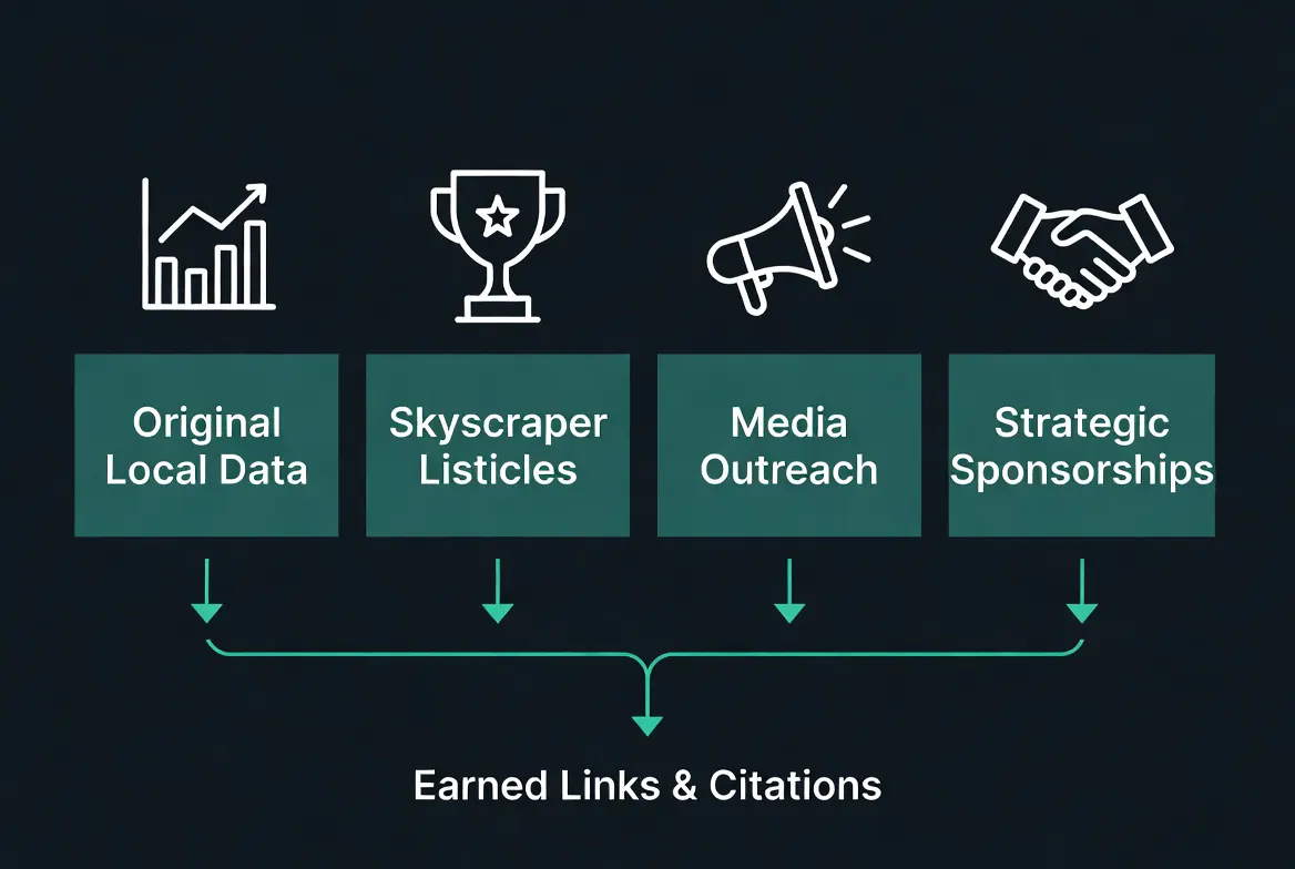 Diagram of Search Sherpa digital PR methodology showing four core tactics: original local data, skyscraper listicles, media outreach, and strategic sponsorships