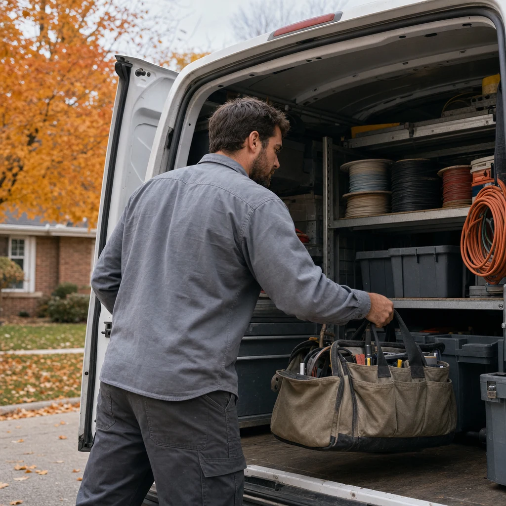 An electrician lifts a canvas tool bag into the open rear doors of a white work van parked in a suburban driveway