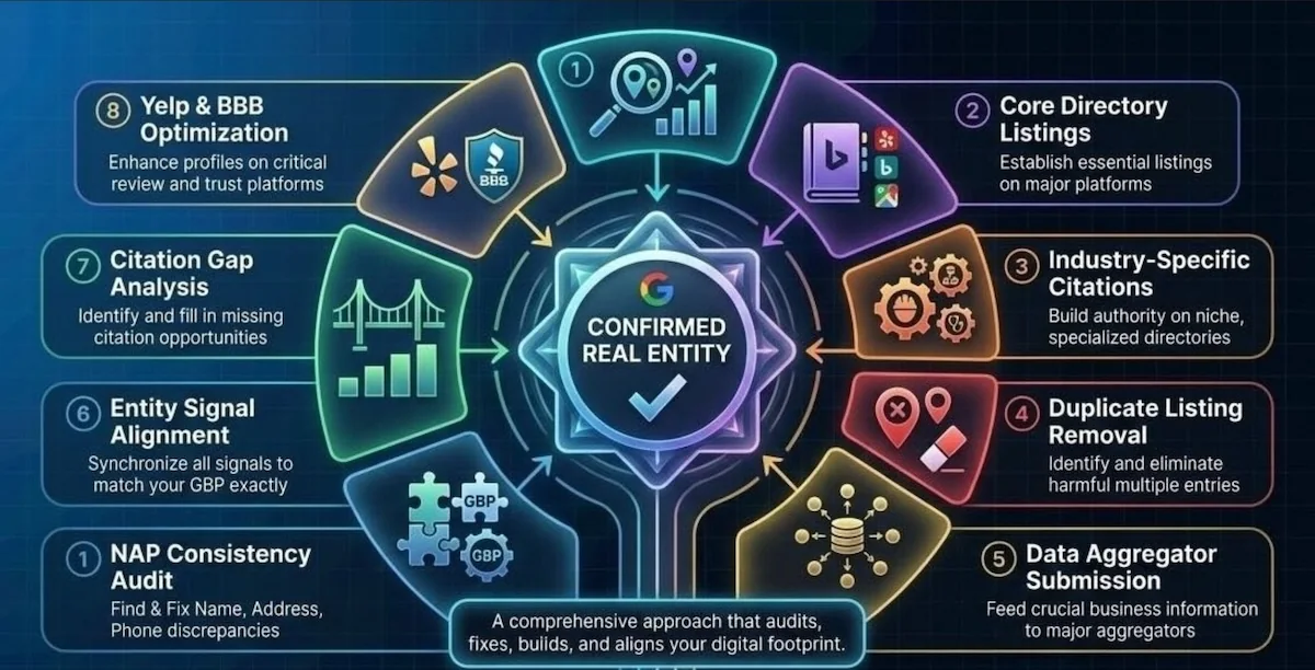 Answer Engine Optimization for Local Businesses: How AI Decides Who to Recommend 6 Diagram showing eight entity clarity signals feeding into a confirmed real business entity, including name address and phone consistency, core directory listings, industry-specific citations, duplicate listing removal, data aggregator submission, entity signal alignment, citation gap analysis, and review platform profiles