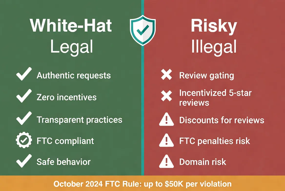 Diagram comparing FTC-compliant white-hat review tactics against risky illegal practices like review gating and incentivized reviews