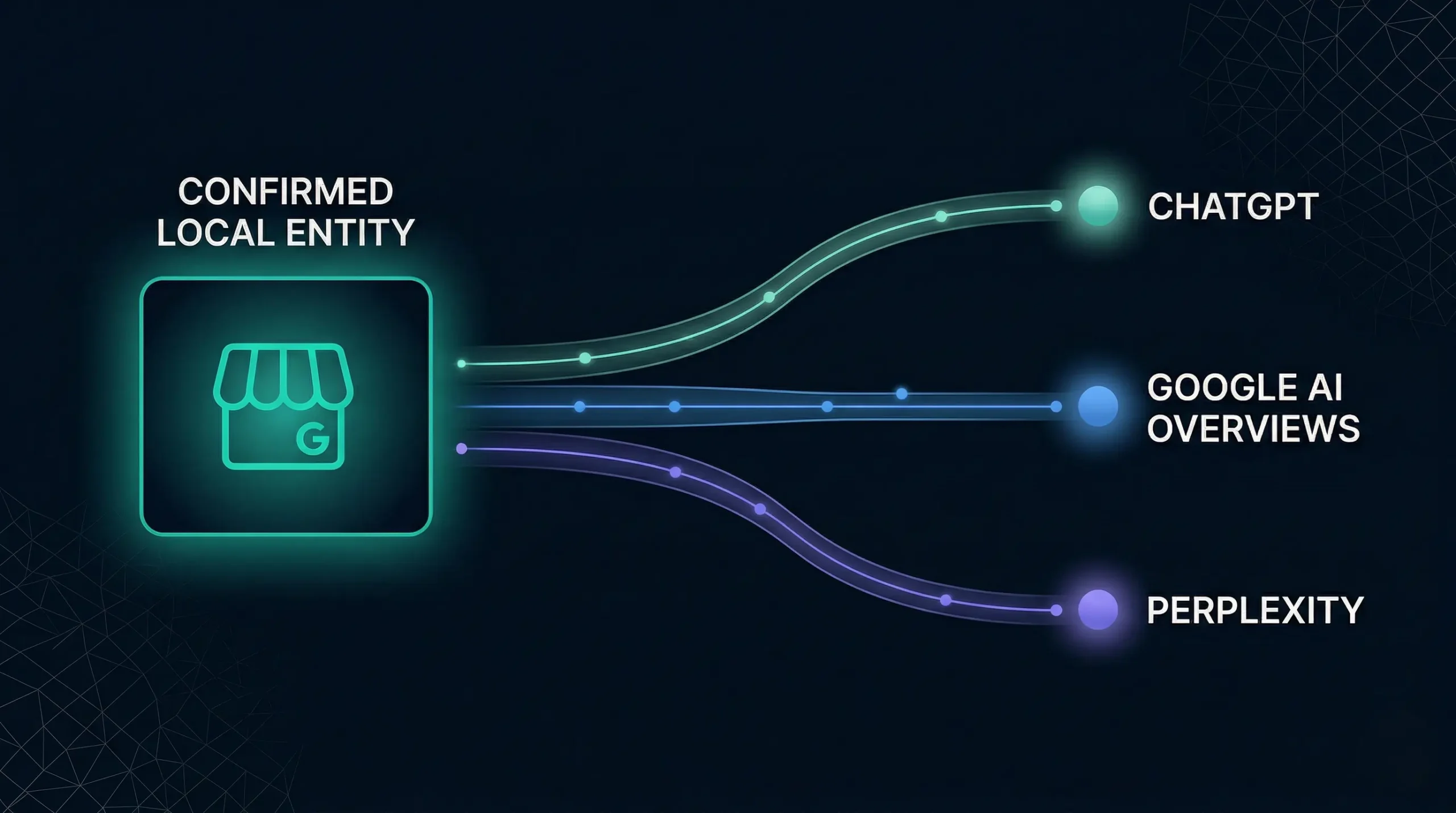 Google Business Profile Optimization & Management 3 Diagram showing a local business GBP entity feeding structured signals to ChatGPT, Google AI Overviews, and Perplexity search platforms