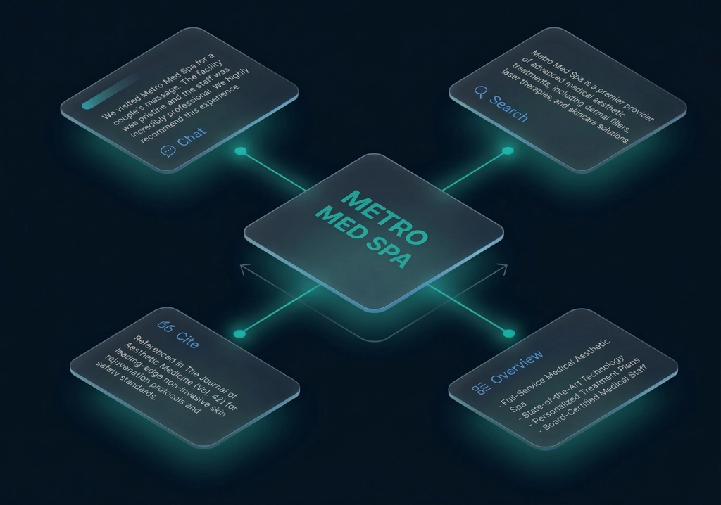 Diagram showing a local business entity being consistently referenced across ChatGPT, Perplexity, Google AI Overviews, and Bing Copilot
