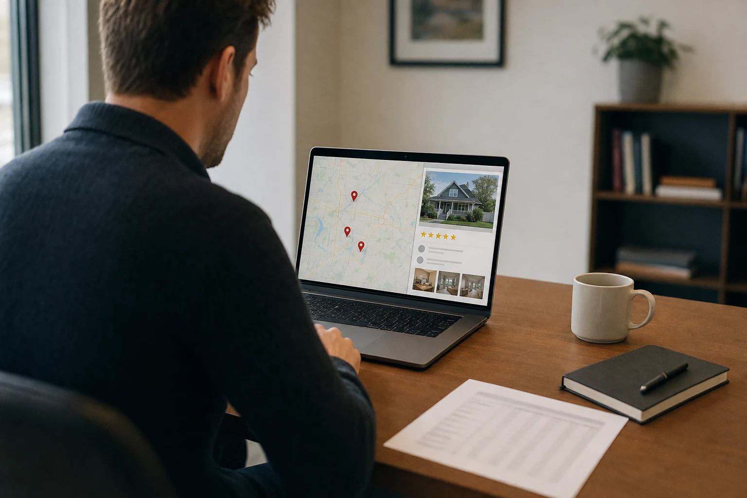 A local SEO consultant at a desk reviewing a business profile panel and the local map results on a laptop