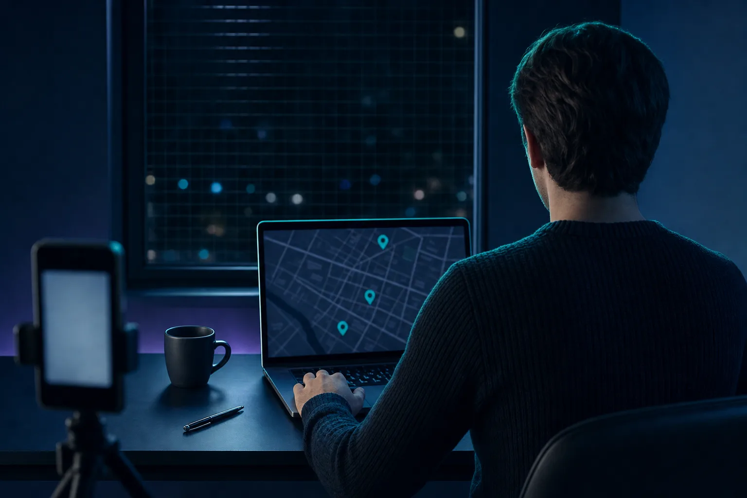 Over-the-shoulder view of a person in a dark sweater at a navy night office desk, a laptop showing a local map with three pins and a phone on a small tripod blurred in the foreground