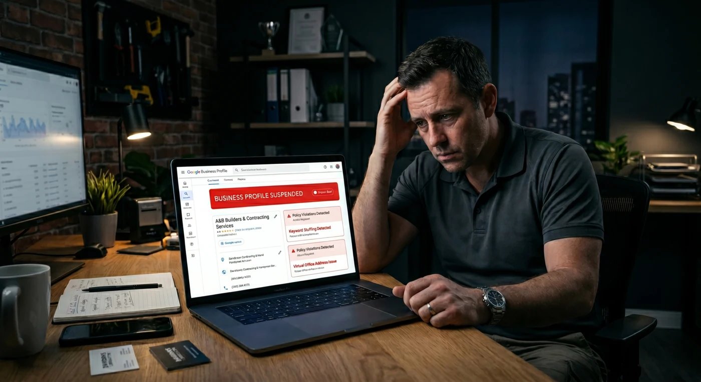 Contractor reviewing a suspended Google Business Profile dashboard with keyword stuffing and virtual office warnings