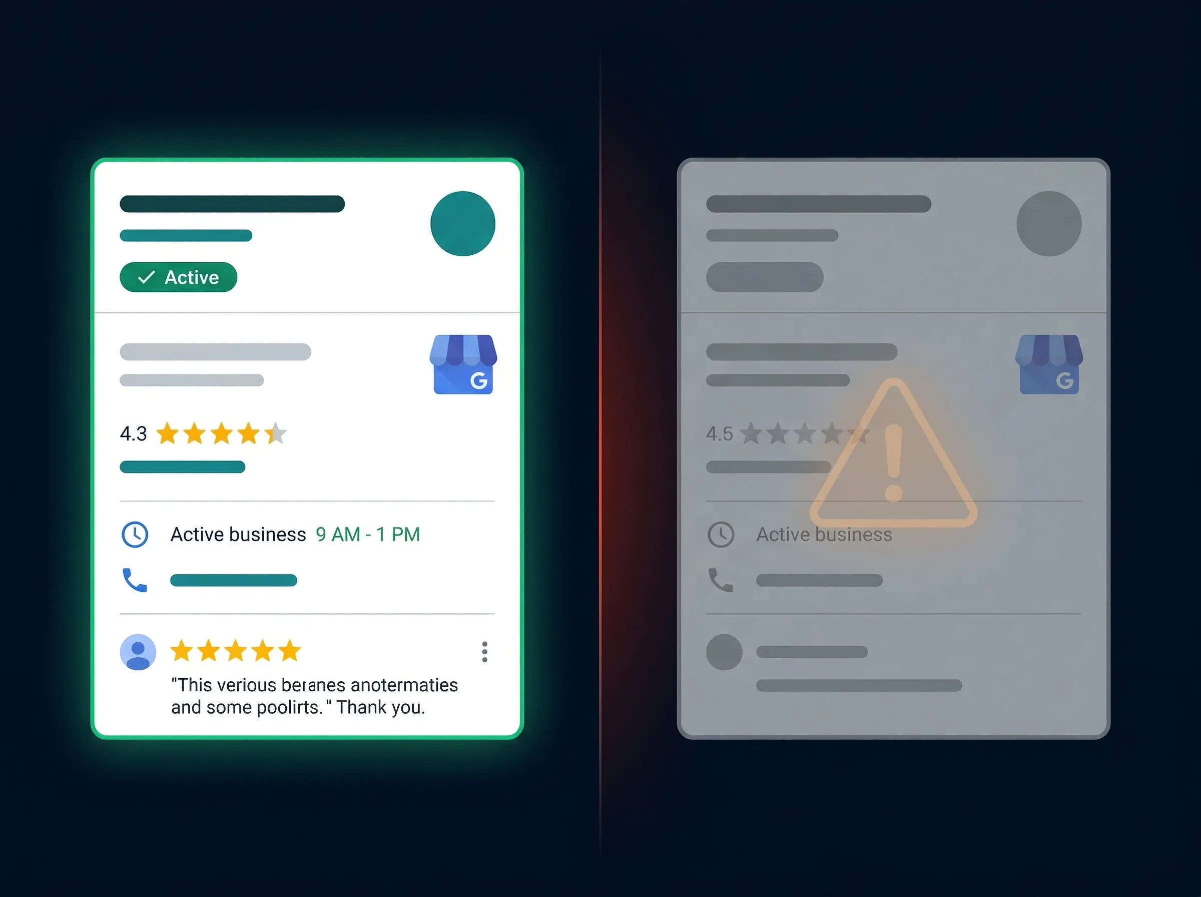 Google Business Profile Optimization & Management 1 Split screen showing an active Google Business Profile in the Map Pack alongside a missing or suppressed competitor listing in local search