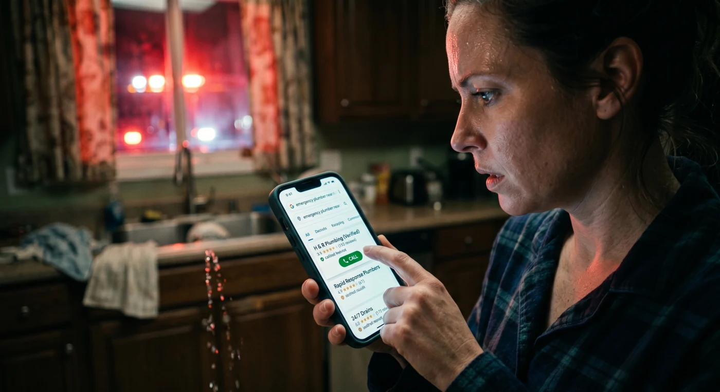 Homeowner urgently searching Google Maps for a verified local contractor during a home emergency