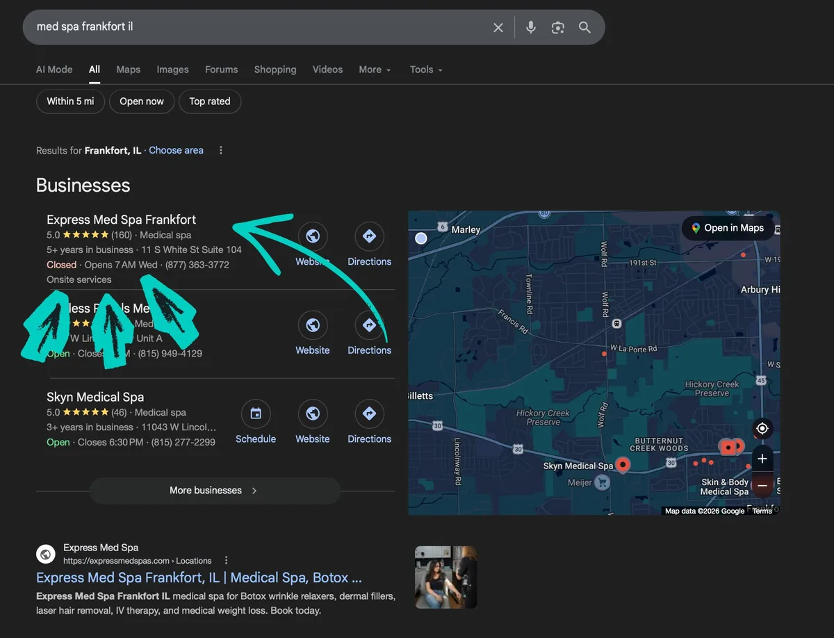 Answer Engine Optimization for Local Businesses: How AI Decides Who to Recommend 2 Google local search results for med spa Frankfort IL showing three business listings with star ratings, review counts, hours, and a map, the same ranked list every searcher sees