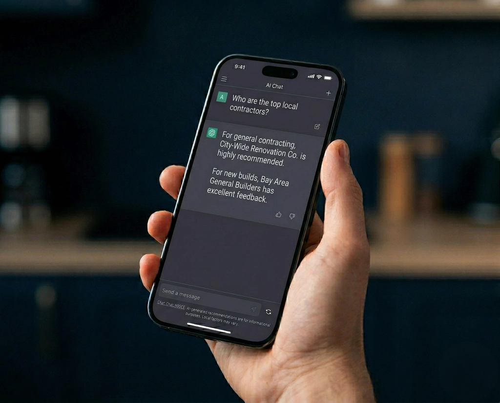 Person holding a phone displaying an AI chat response recommending a local service business