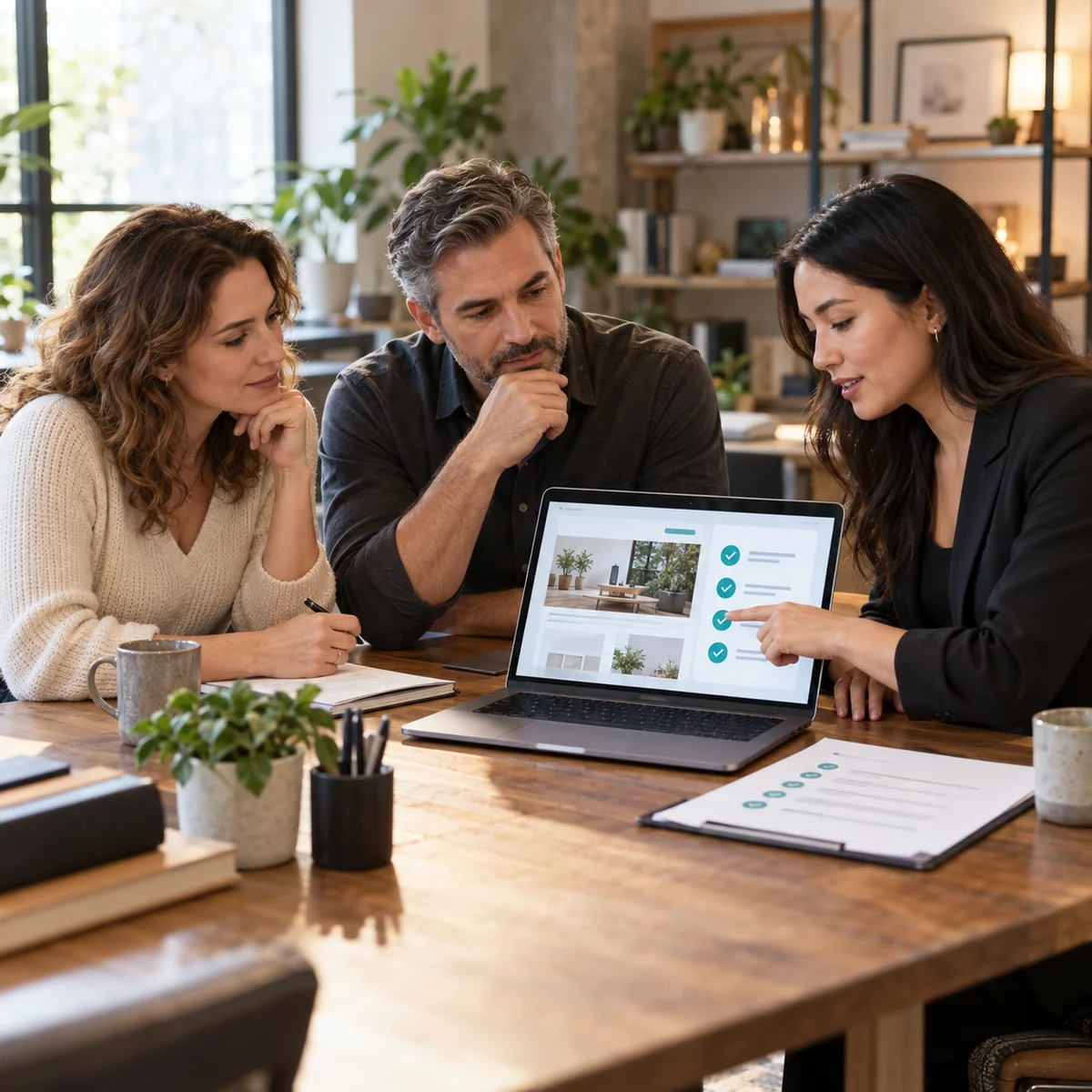 AI-generated illustration of three adults reviewing a laptop with teal checkmarks and paper checklists at a wooden table.