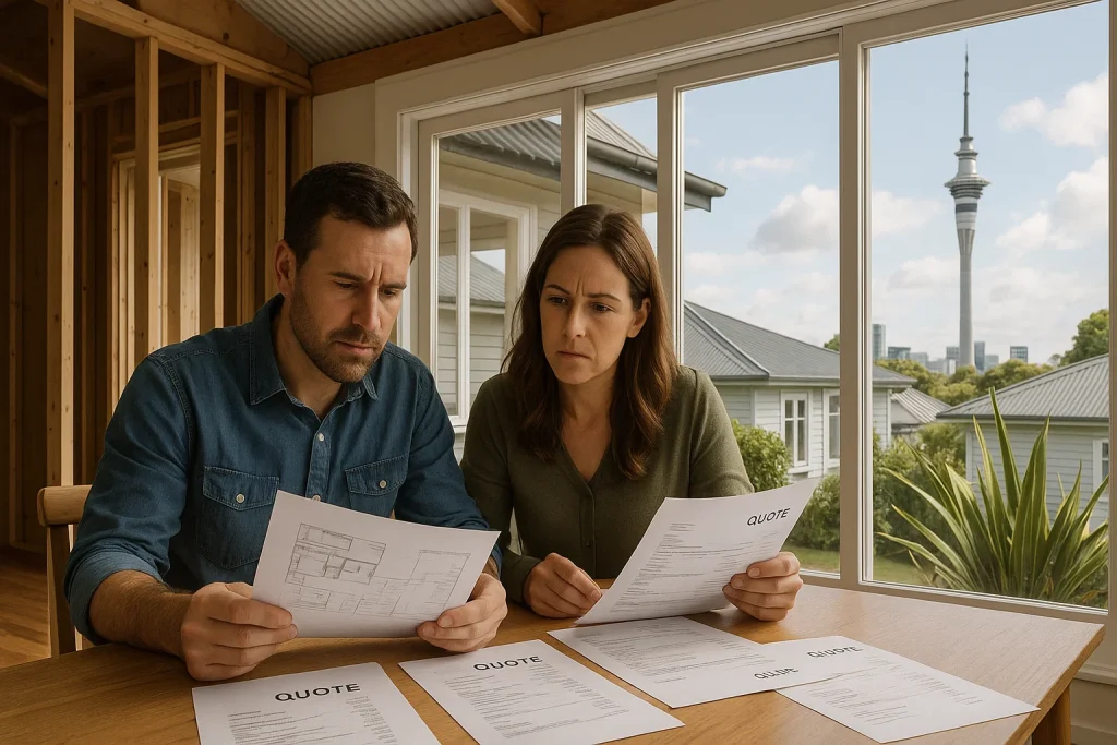 Homeowners reviewing multiple contractor quotes after receiving shared home service lead responses
