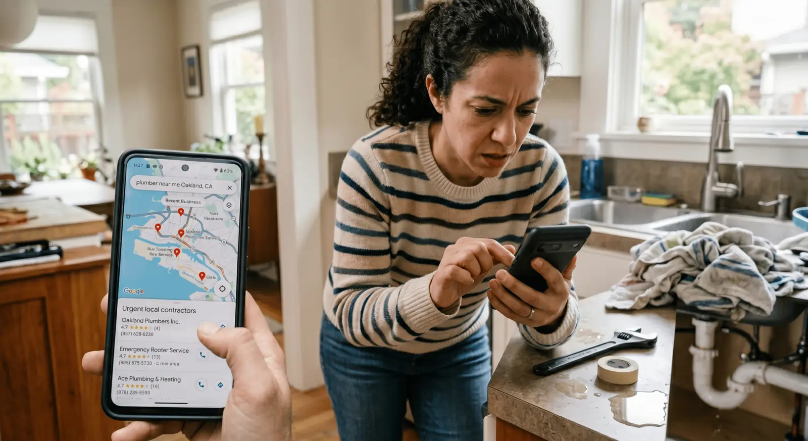 Homeowner searching Google Maps for an emergency plumber during a kitchen plumbing issue