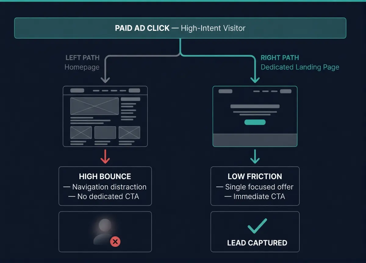 Paid traffic funnel diagram comparing homepage bounce path against a dedicated landing page conversion path with higher lead capture rate