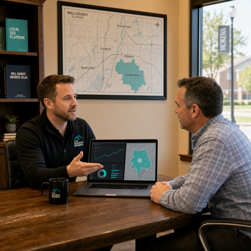 Jeremy Bengtson of The Search Sherpa meeting with a Homer Glen, IL local business owner reviewing local search visibility data on a laptop