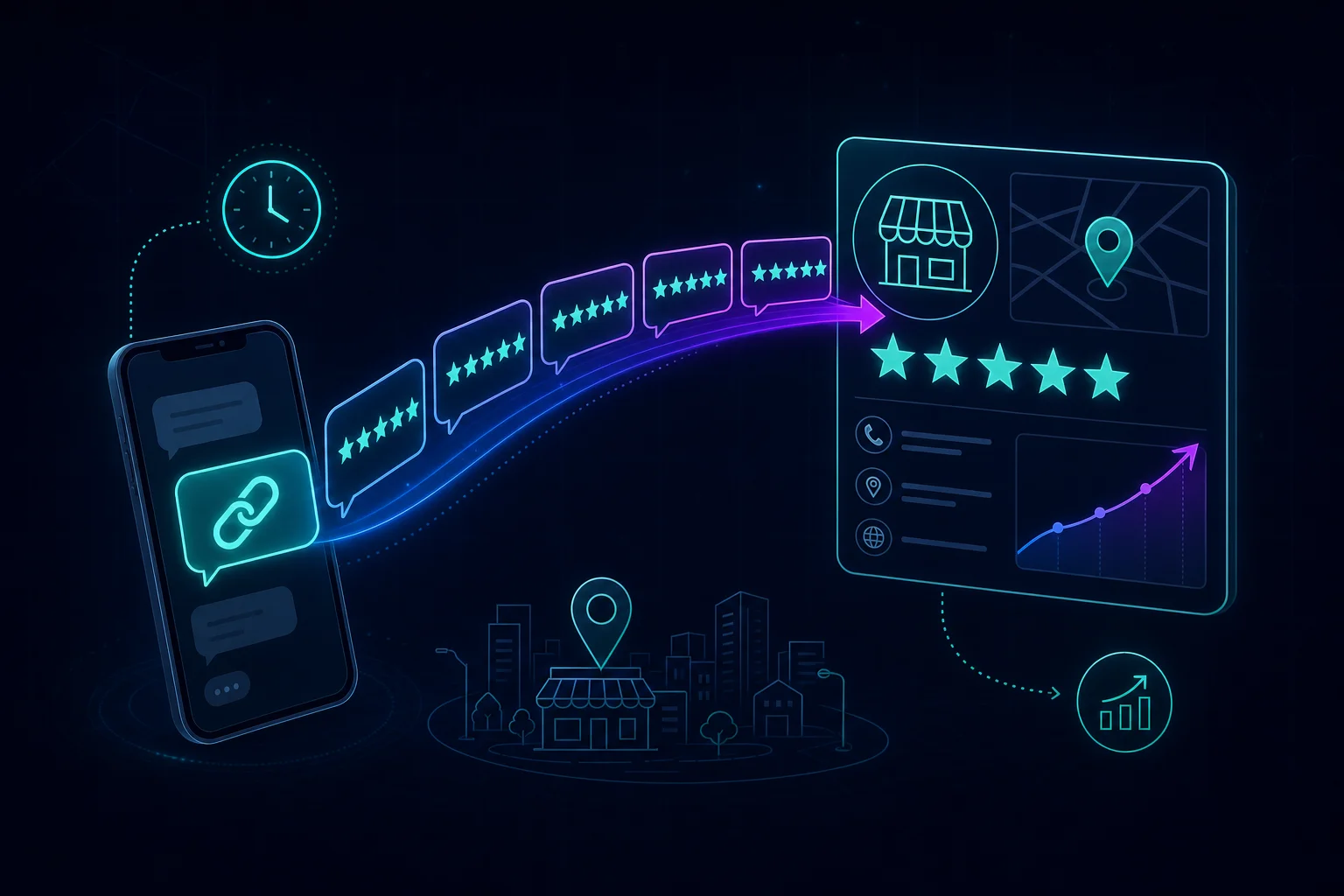 Illustration of a local business review generation system: an automated text message review request on a phone feeding new five-star reviews into a business profile with a rising trend line