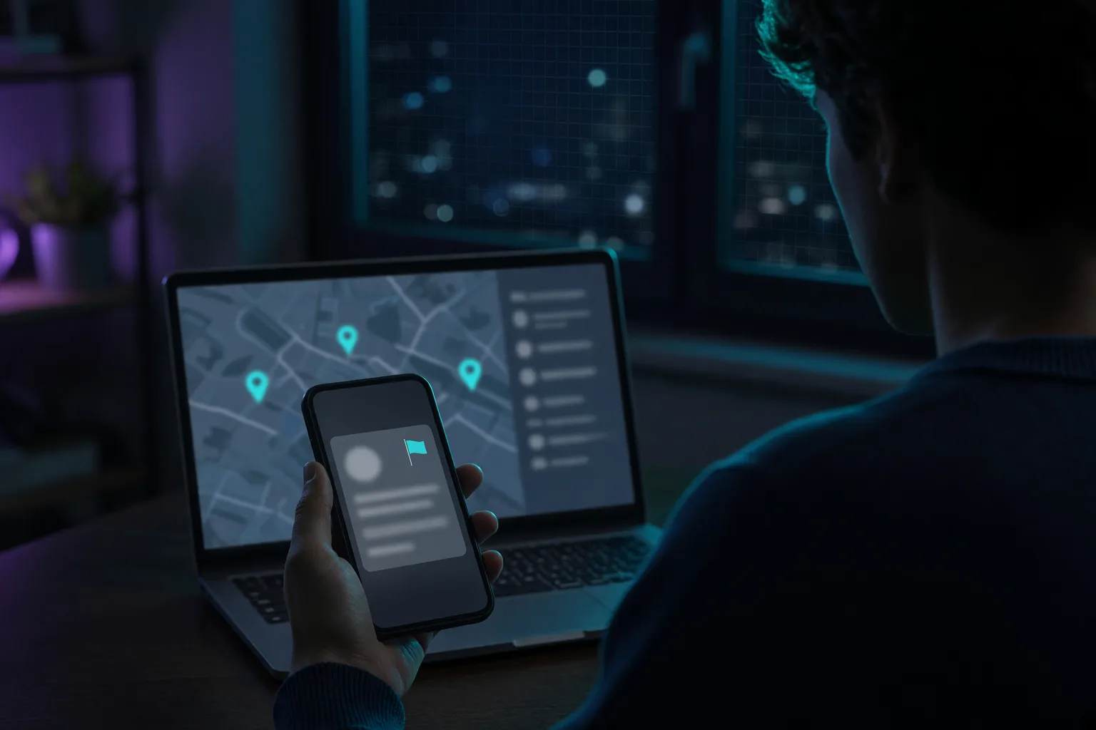 A person in a dark sweater, seen from behind at night, holding a phone that shows a blurred review card with a small teal flag icon, in front of a laptop showing a local map with three pins
